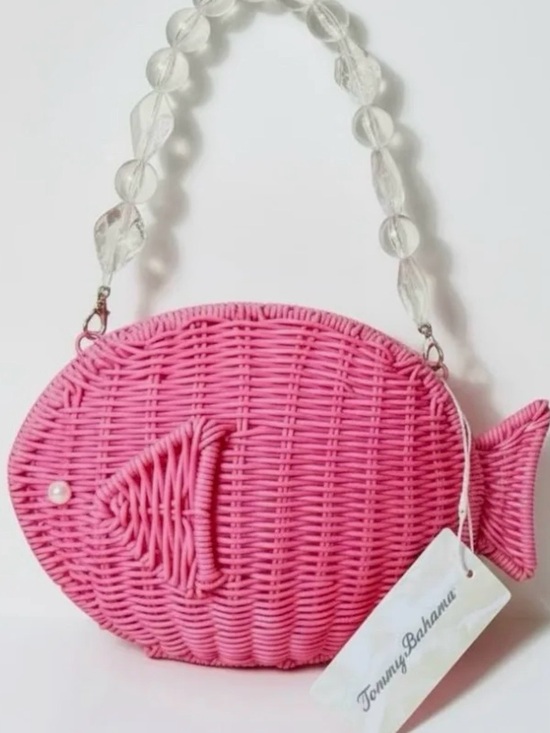Tommy Bahama Handbags - Tommy Bahama Pink Wicket Fish-Shaped Shoulder Bag with Beaded Handle